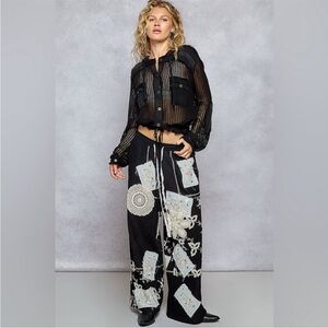 POL Black Patchwork Wide Leg Pants Crochet Lace Boho Statement Size M
